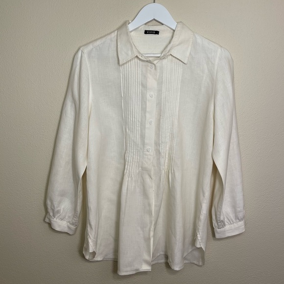 Vivid Linen Pleated Button Up Blouse With Roll Tab Sleeves Size Large - Picture 1 of 16